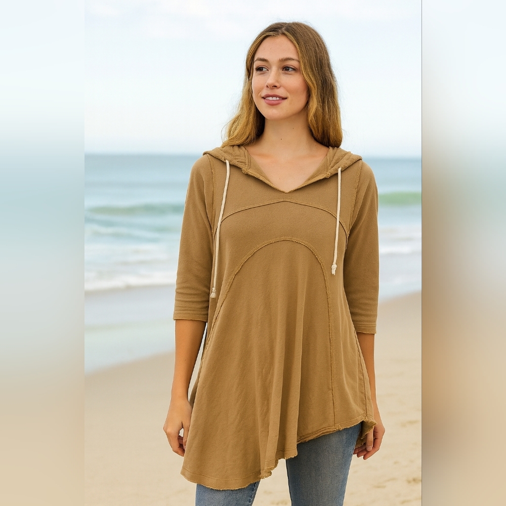 Free People Beach Womens Pullover Hooded Sweatshirt Boho 3/4‎ Sleeve Size Xs/S